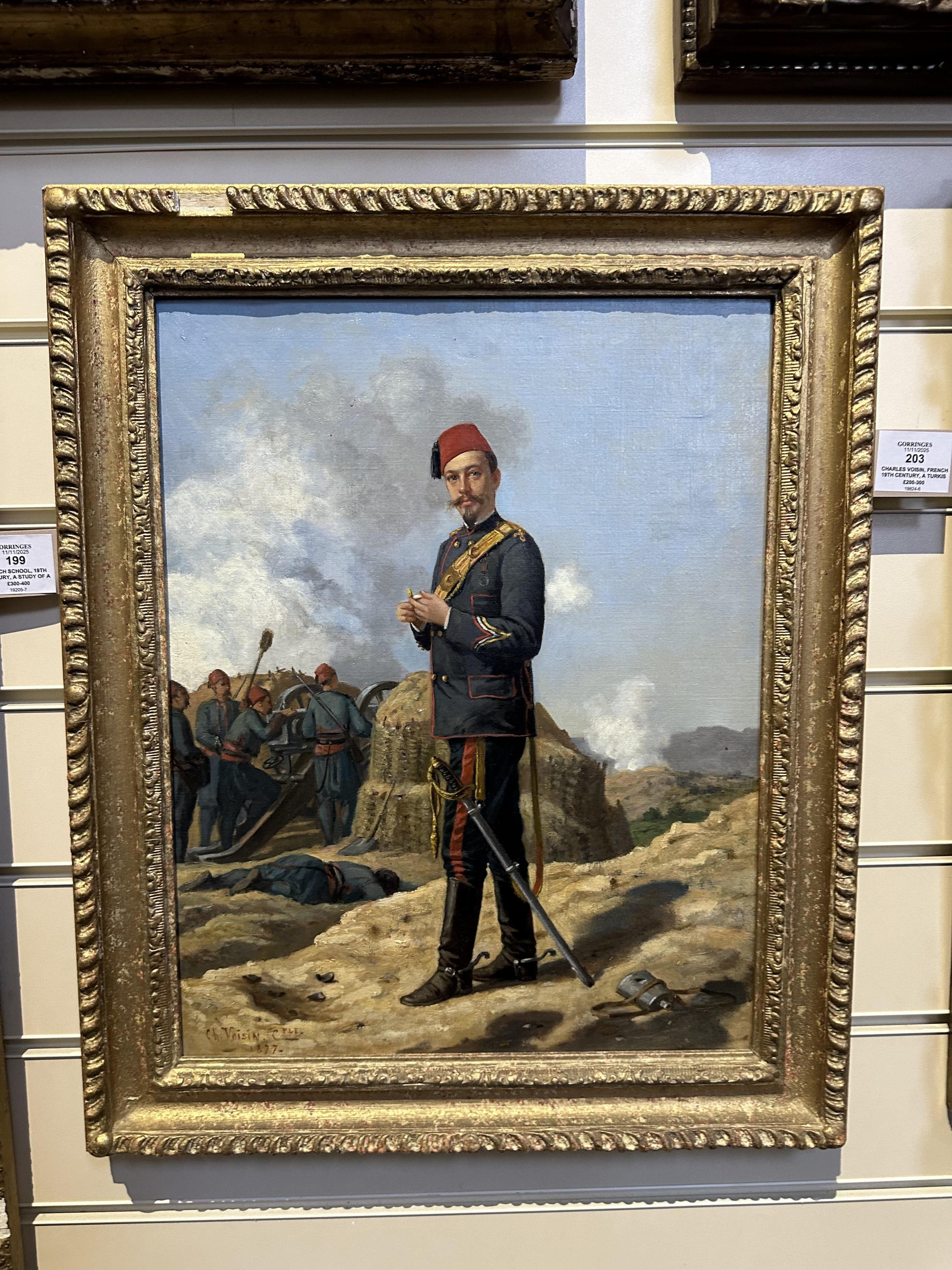 Charles Voisin, French 19th century, A Turkish Army Artillery Officer standing before a group of soldiers operating a cannon